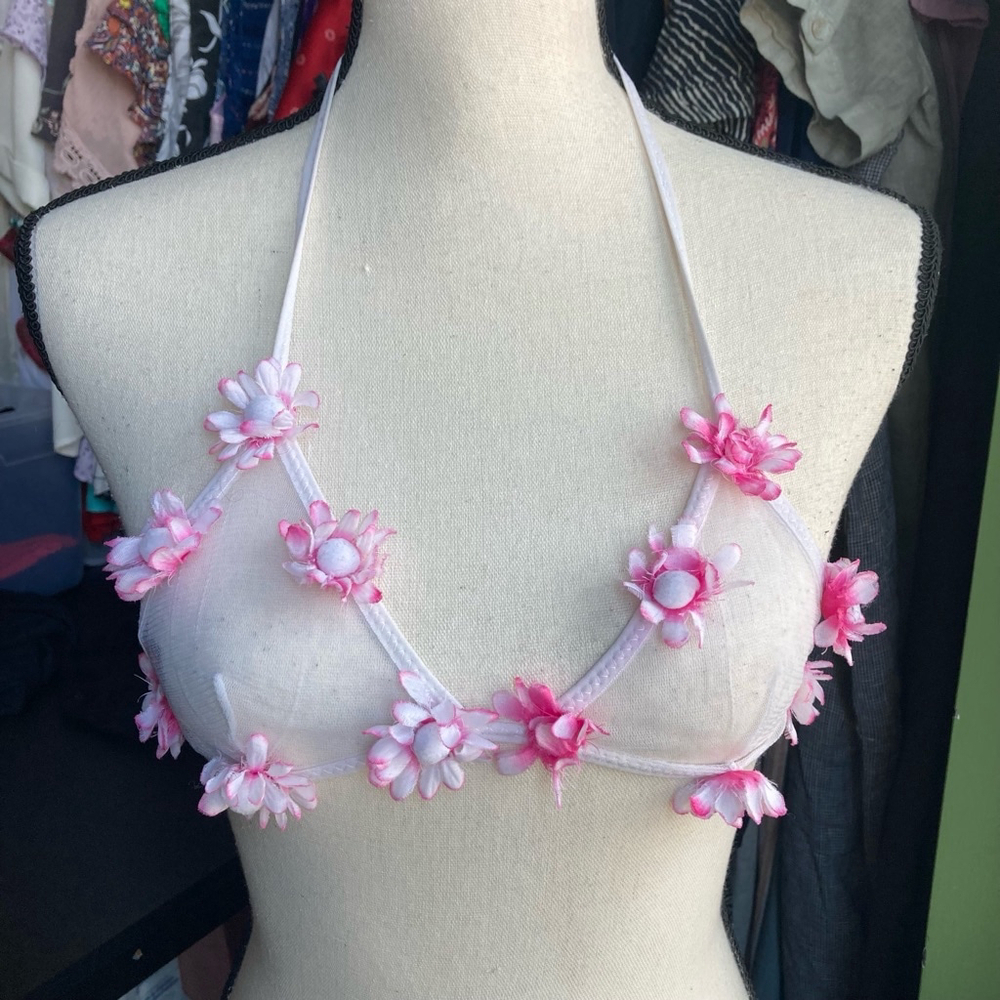 SOLD-Women's Coquette Lingerie Top White Pink Floral